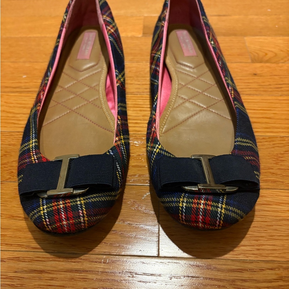 Isaac Mizrahi Navy and Red Plaid Flats with Bow